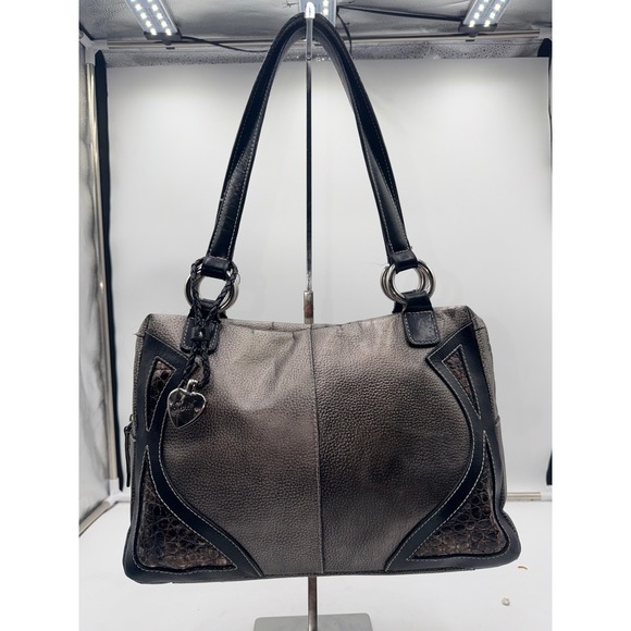 Sharif Studio Handbags - Sharif Studio Metallic Pewter Leather Shoulder Bag Black Trim Lime Green Lining